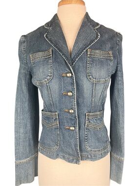Vintage Denim Jacket Blazer Womens Small Military Y2K Indigo Blue Jean Tailored